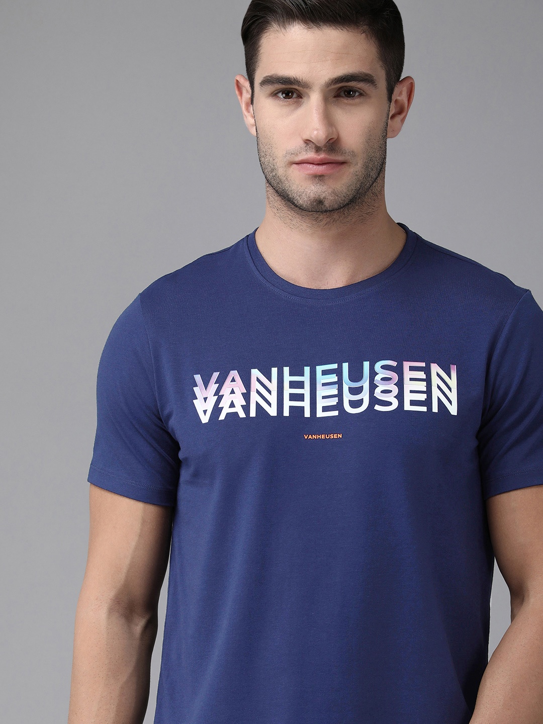 

Van Heusen Flex Men Yoga Brand Logo Printed Slim Fit Sports T-shirt, Navy blue