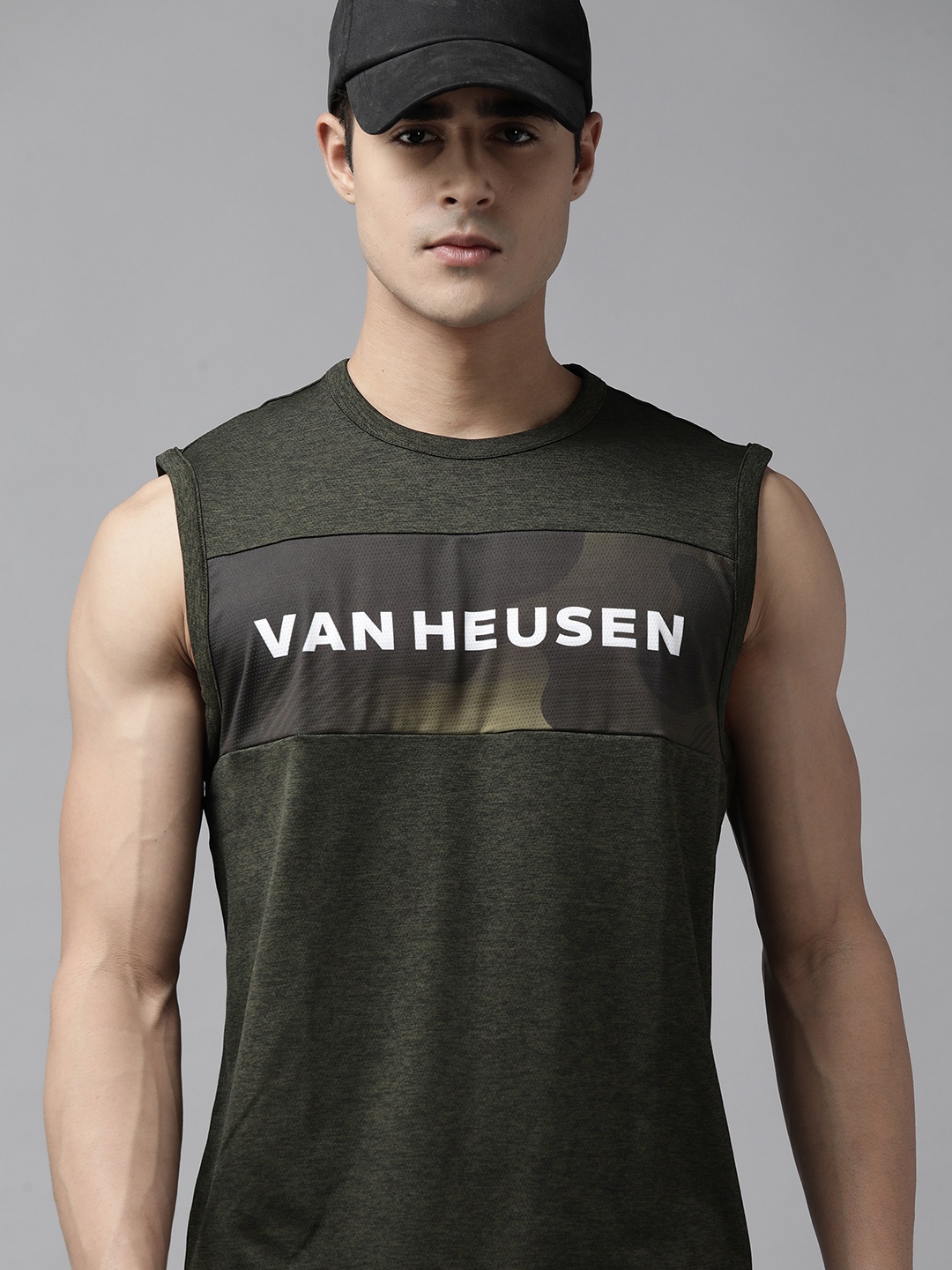 

Van Heusen Flex Men Olive Green Brand Logo Printed Sports Active Fit T-shirt