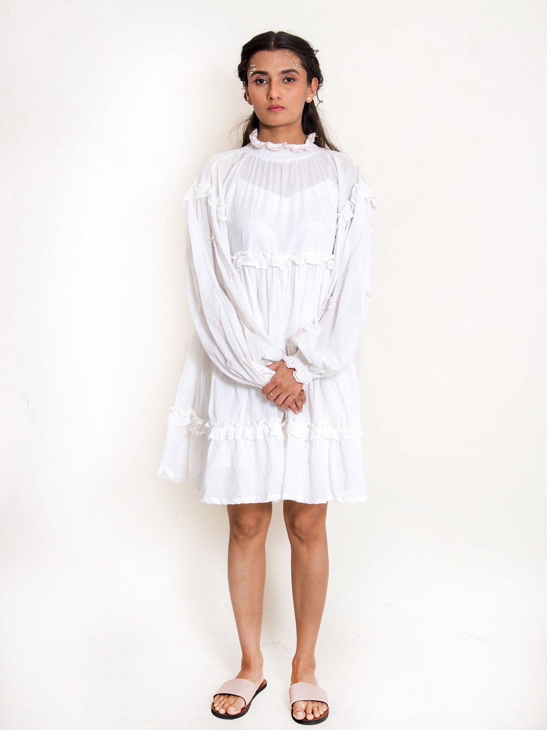 

Ourdve White Solid Ruffled A-Line Dress