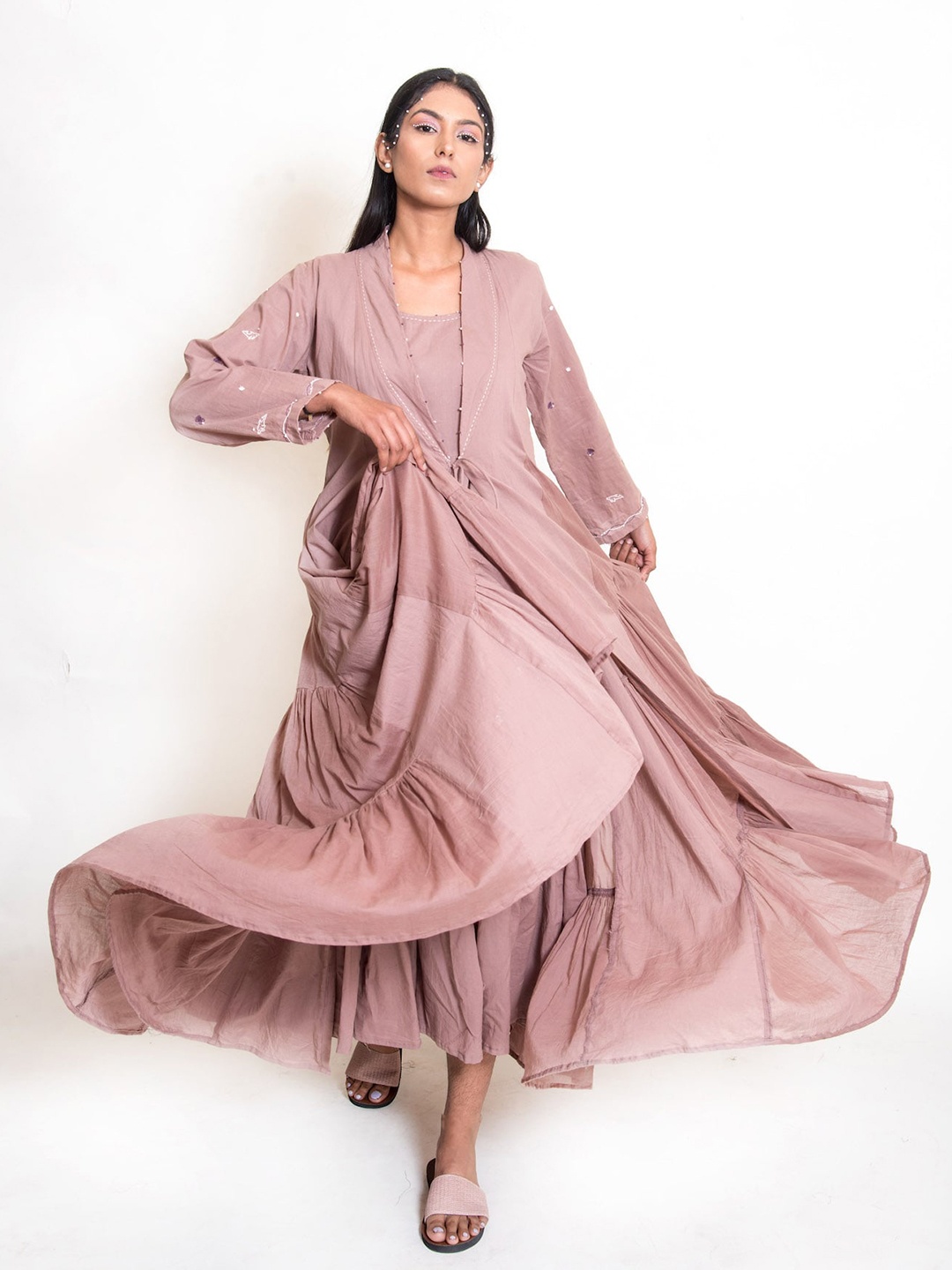 

Ourdve Women Ash Pink Mul Cotton Maxi Dress with Jacket
