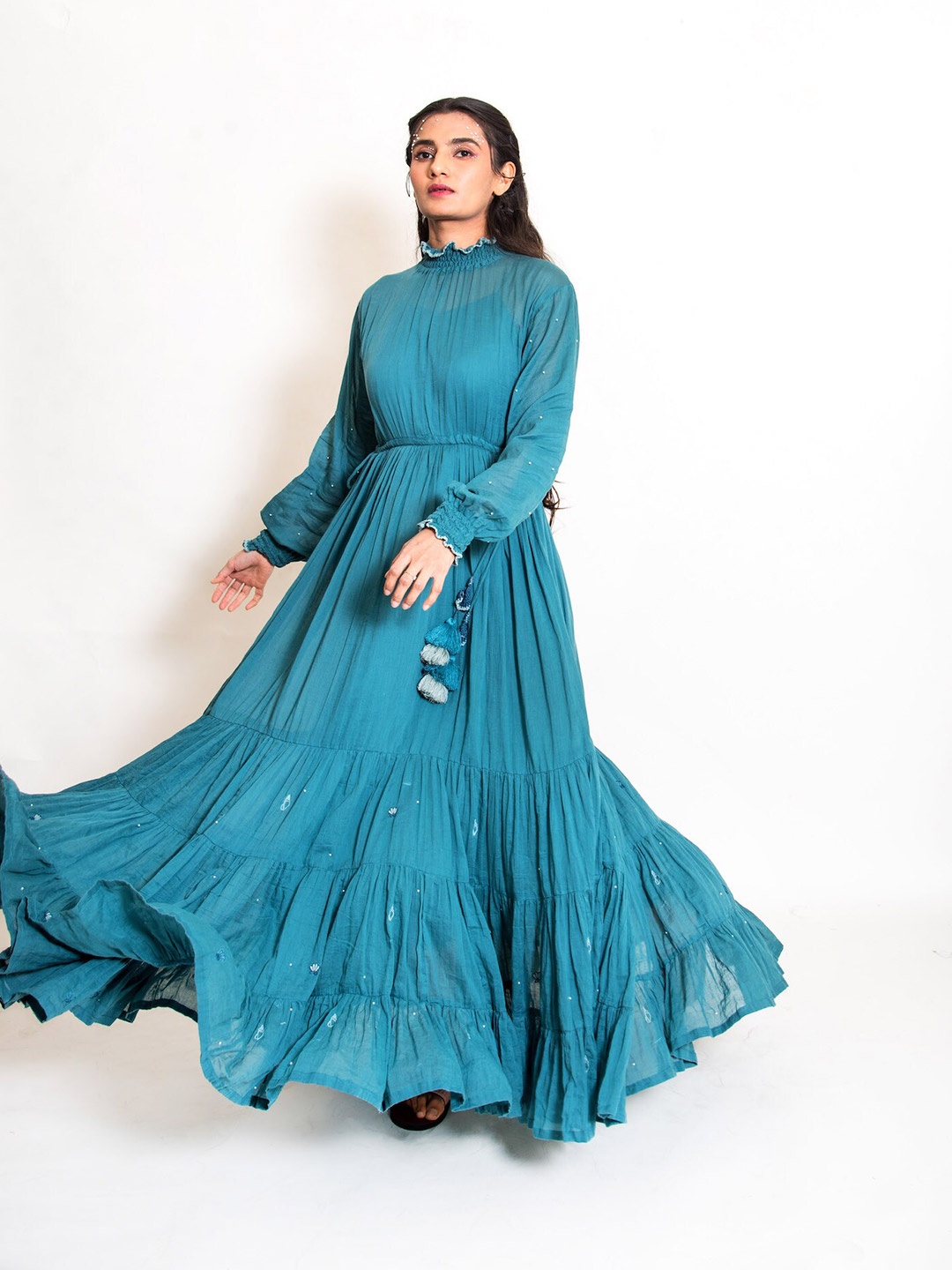 

Ourdve Turquoise Green Mul Cotton Tiered Hand Embroidered Maxi Dress