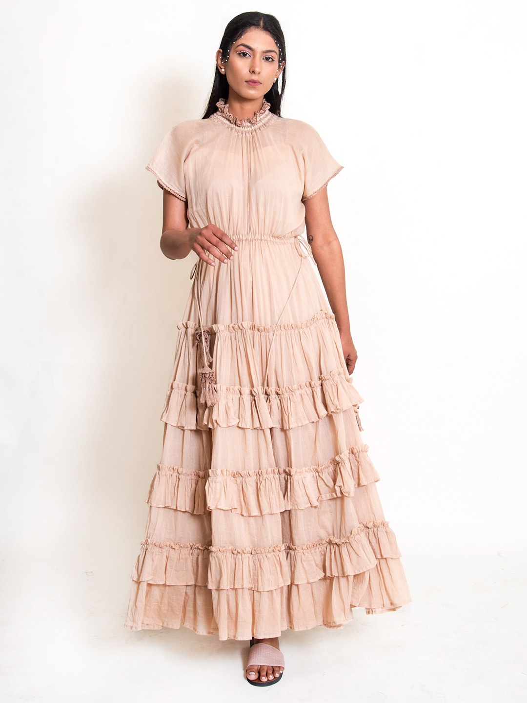 

Ourdve Beige Solid Ruffled Maxi Dress