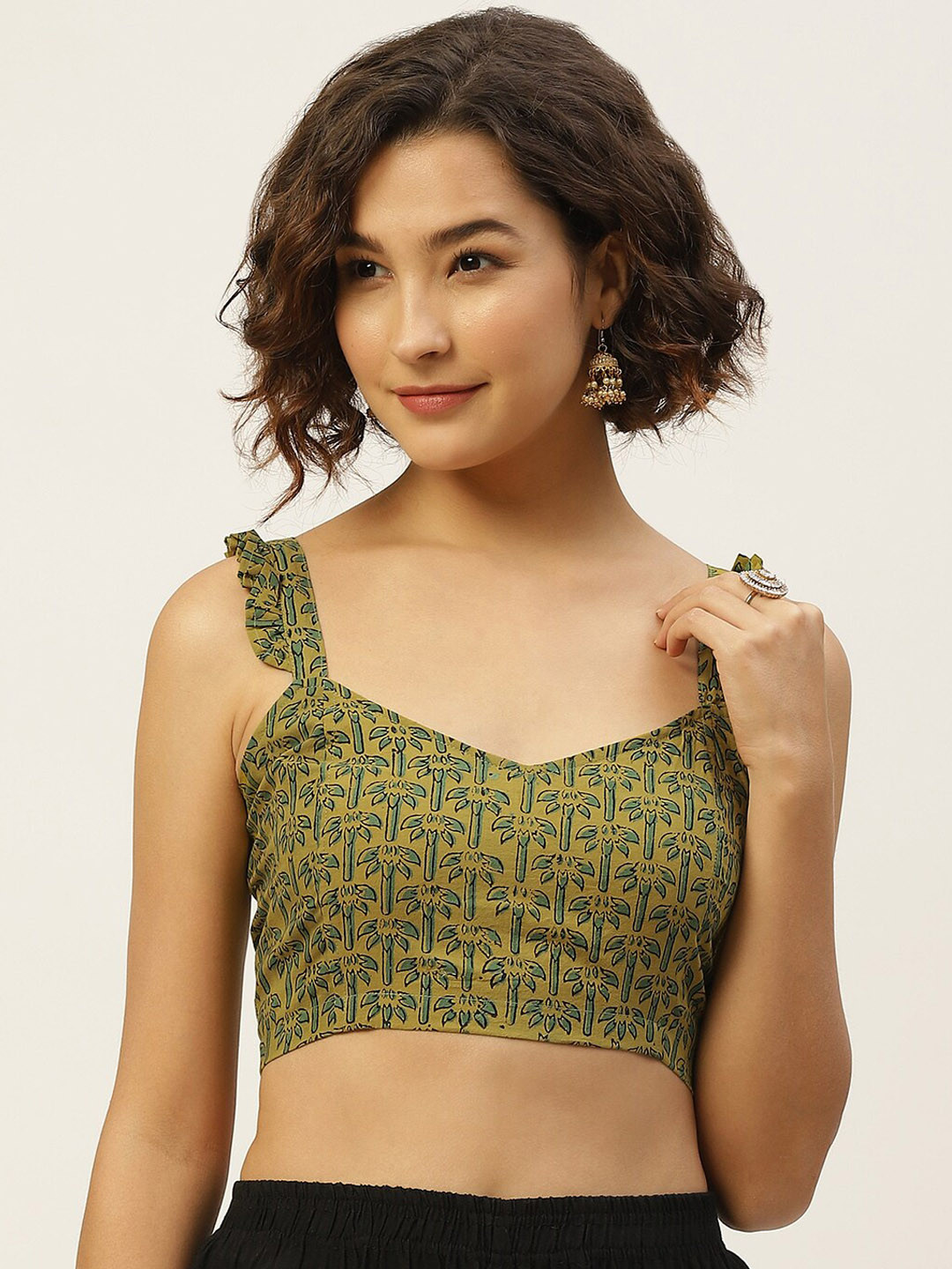 

Molcha Women Mustard Yellow & Green Pure Cotton Solid Non Padded Blouse