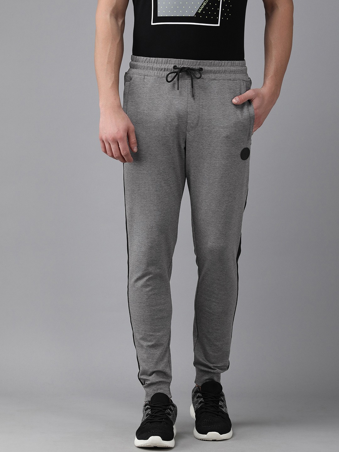 

Van Heusen Flex Men Solid Slim Fit Regular Sports Joggers With Side Stripes, Grey melange