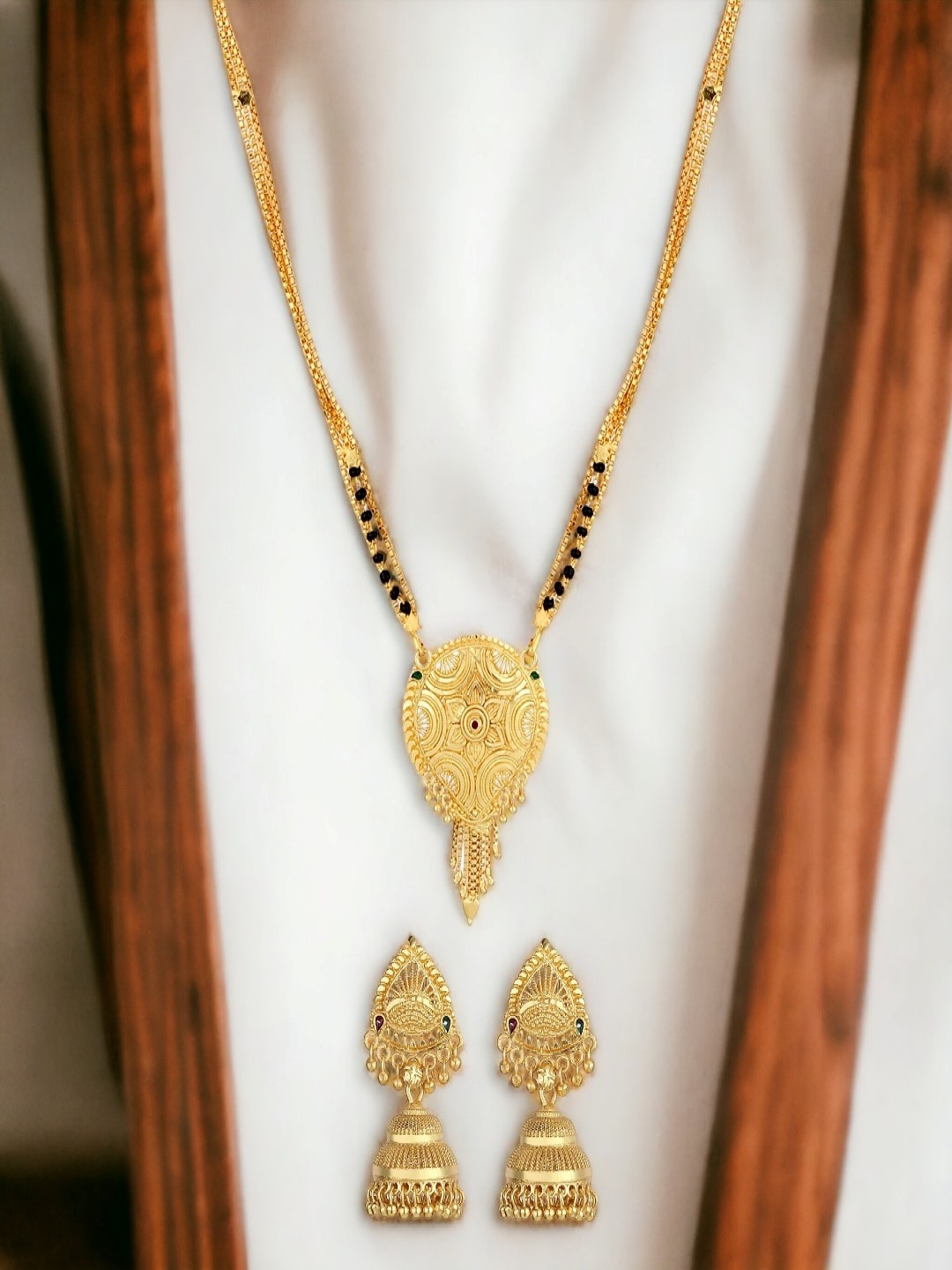 

Goldnera Gold-Plated Black Beaded Traditional Mangalsutra With Earrings