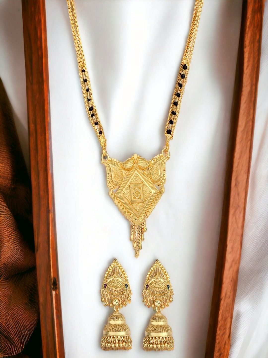 

Goldnera Gold-Plated Black Beaded Traditional Mangalsutra With Earrings