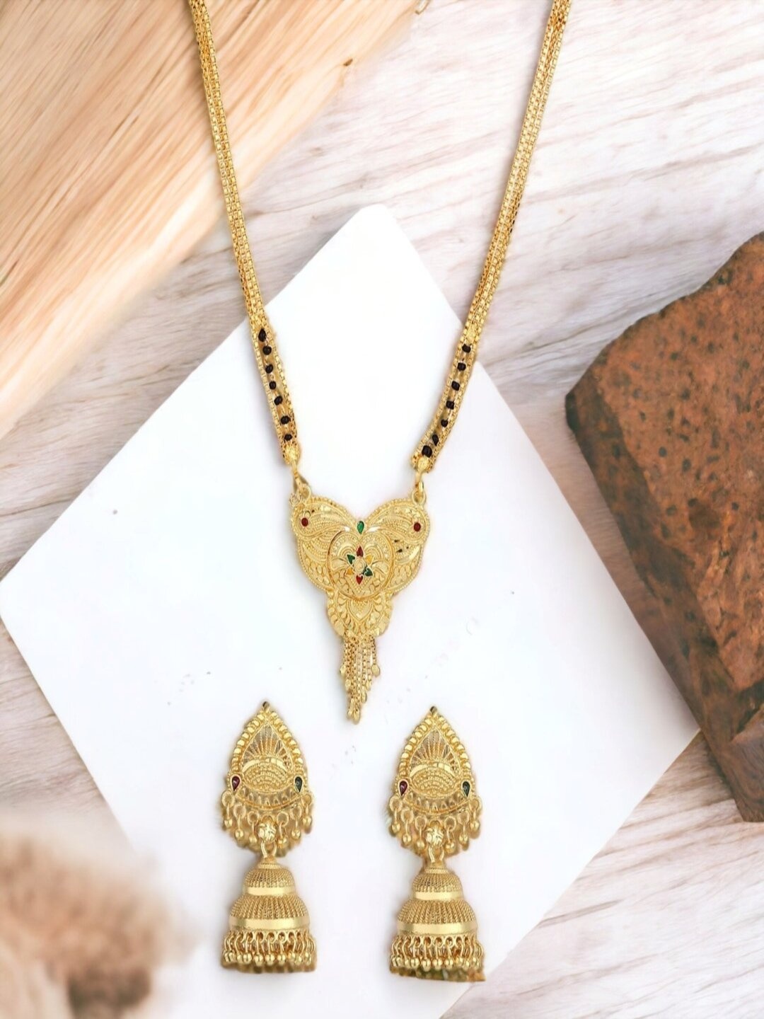 

Goldnera Gold-Plated Black Beaded Traditional Mangalsutra With Earrings