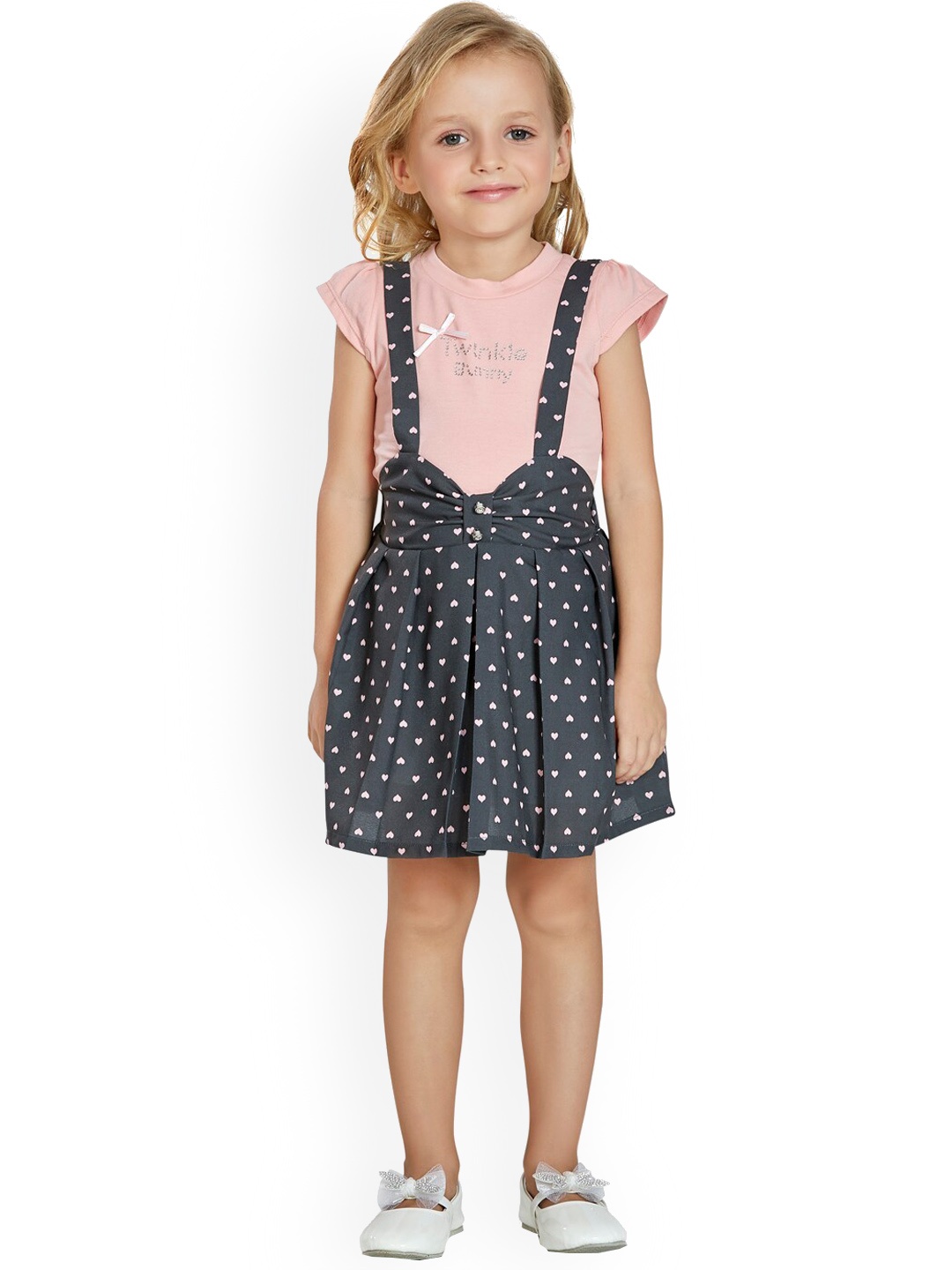 

Peppermint Girls Peach-Colored Printed Dungaree With Top
