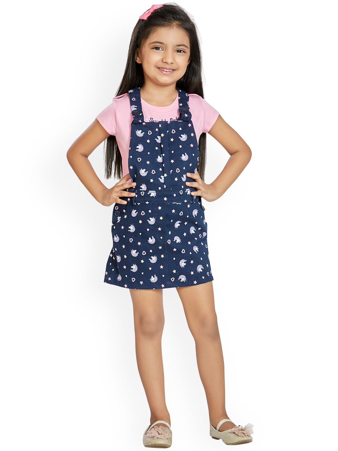 

Peppermint Girls Navy Blue Printed Dungaree With Top