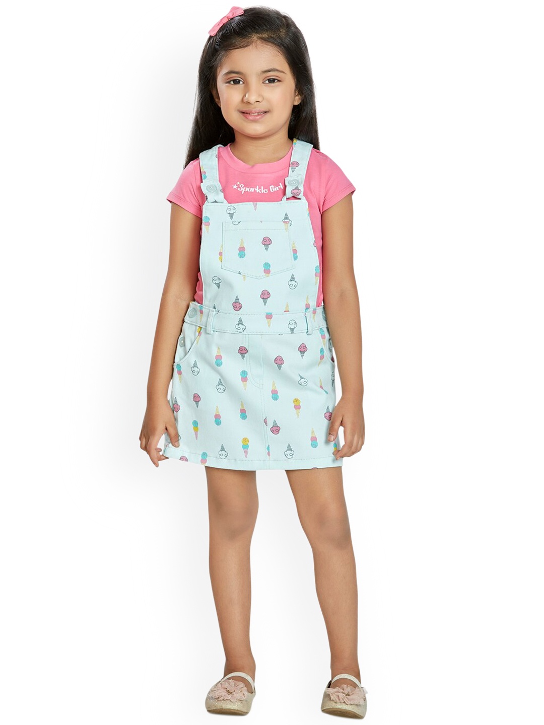 

Peppermint Girls Blue & Pink Printed Dungaree With Top