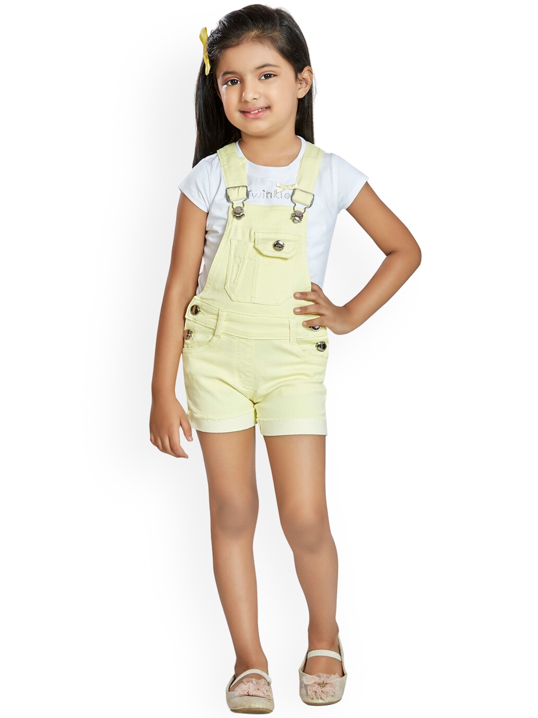 

Peppermint Girls White & Yellow Solid Dungaree With Top