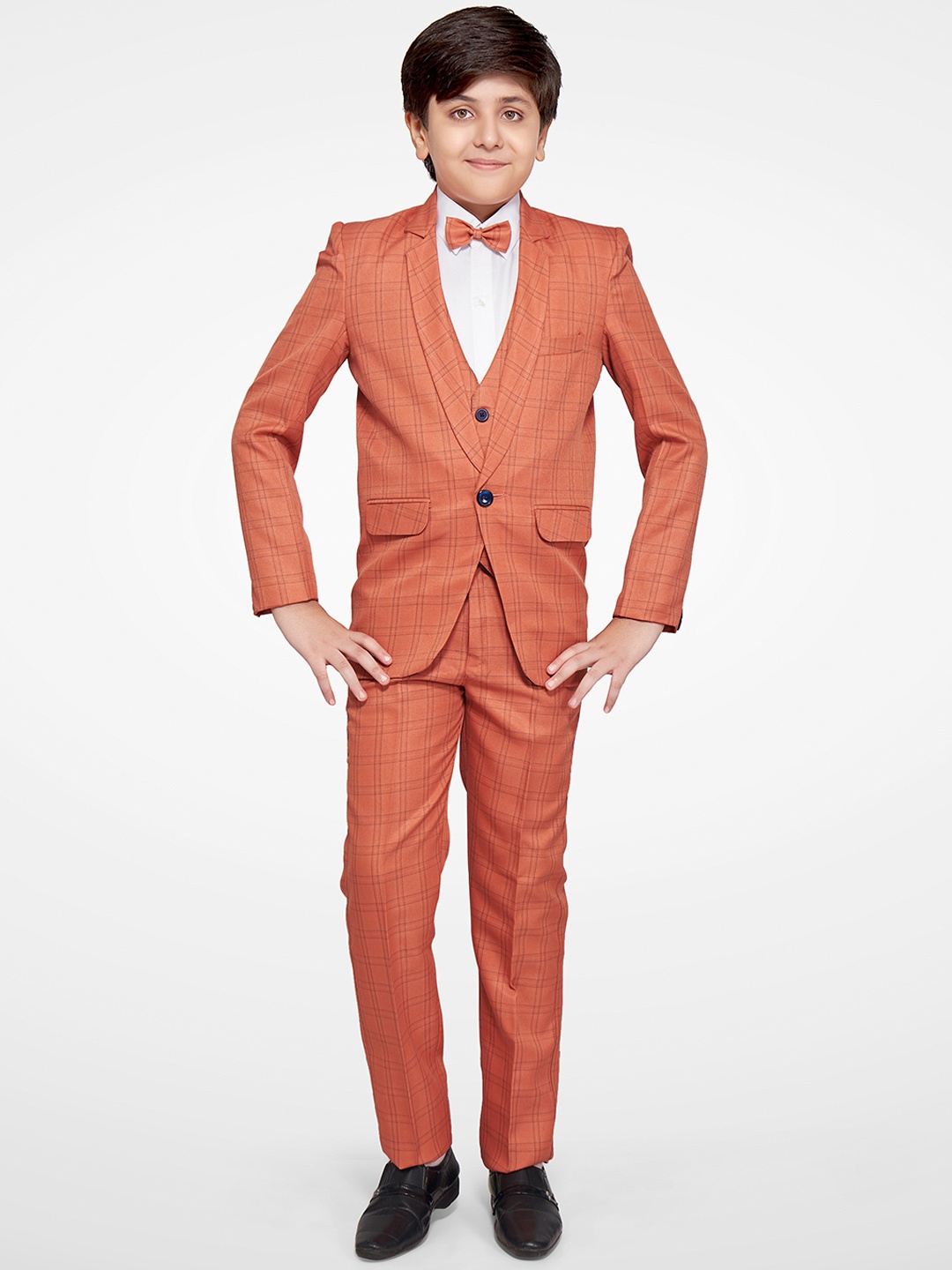 

Jeetethnics Boys Peach Checked 4-Piece Single-Breasted Partywear Suit