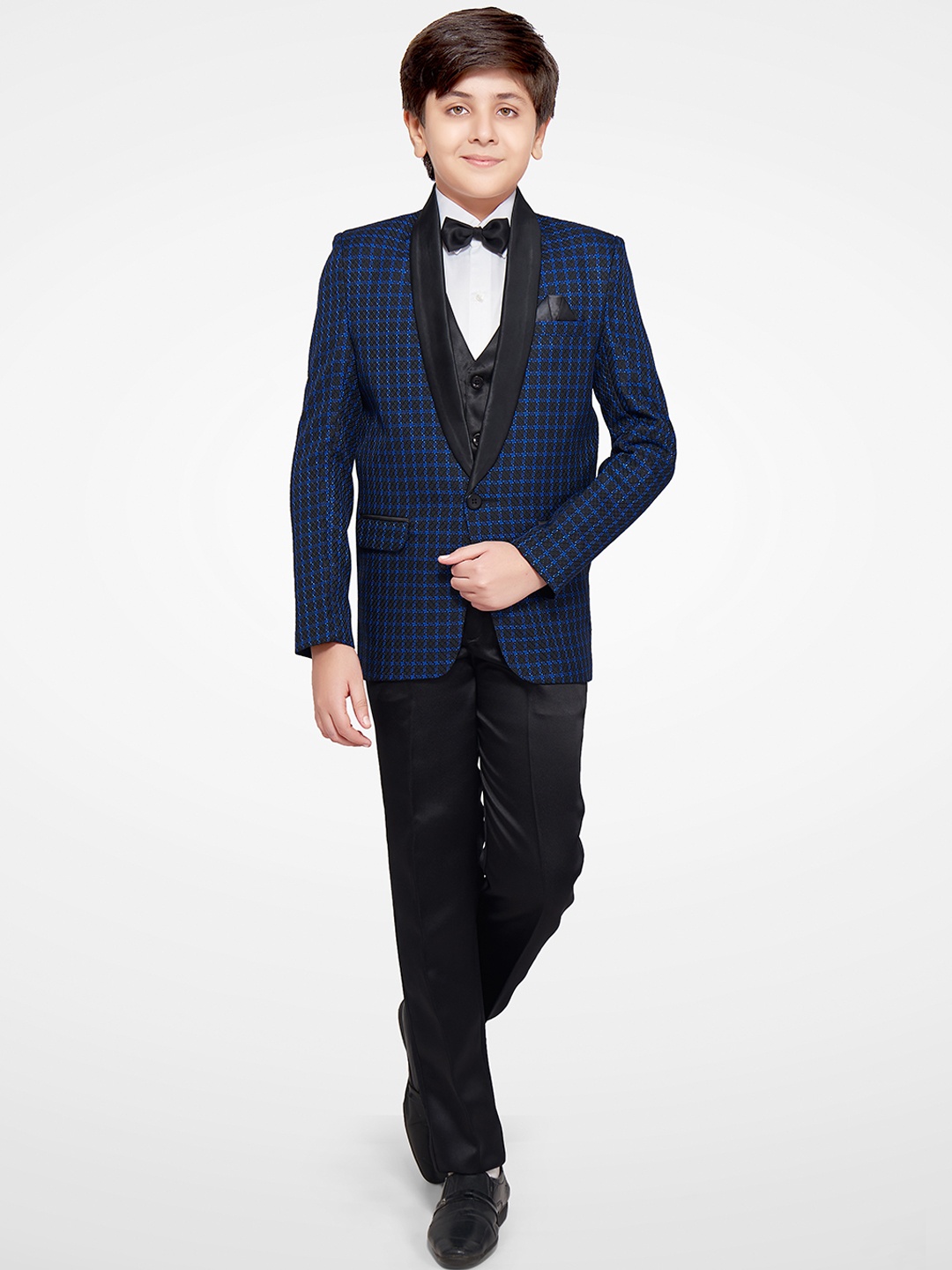 

Jeetethnics Boys Navy Blue Checked 4-Piece Single-Breasted Partywear Suit
