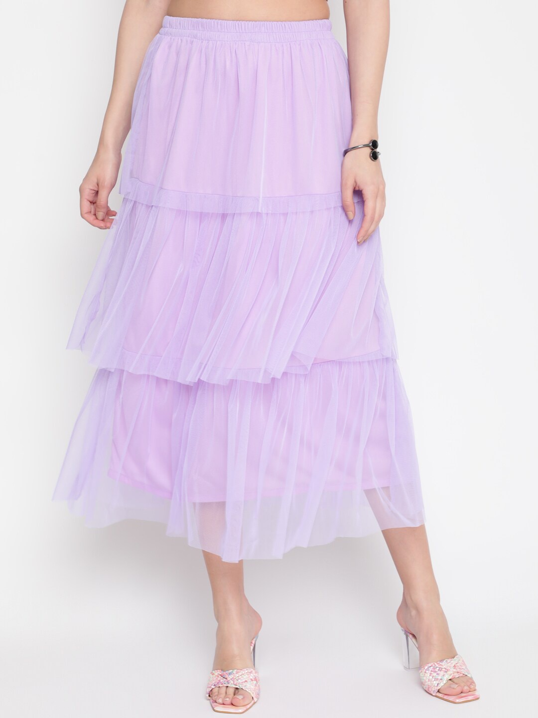 

AKIMIA Women Layered Solid Layered Midi Skirt, Lavender