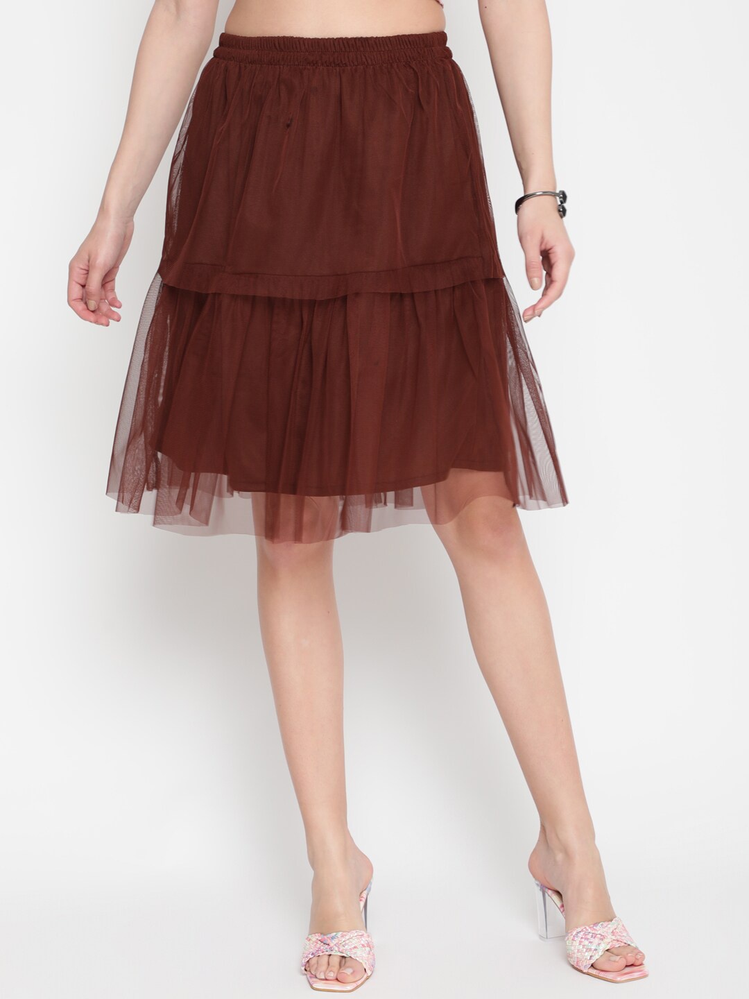 

AKIMIA Women Coffee Brown Solid Layered Knee Length Skirt