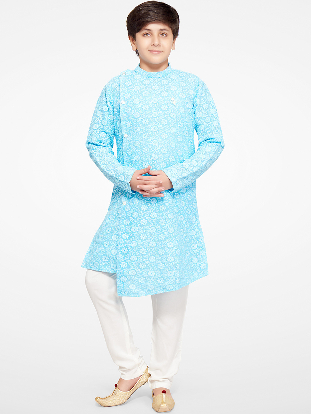 

Jeetethnics Boys Blue Floral Printed Silk Blend Kurta Set