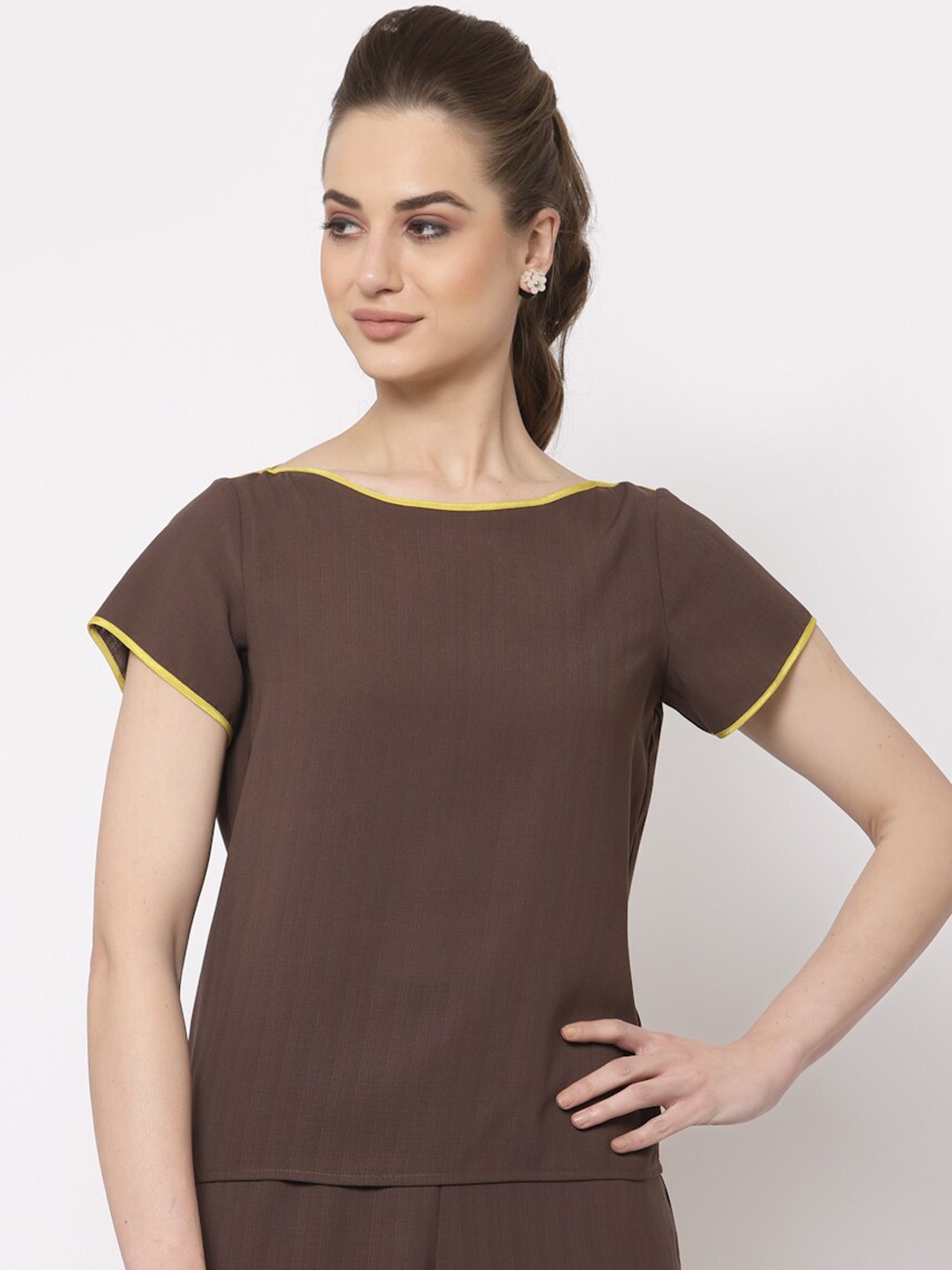 

OFFICE & YOU Women Boat neck Brown Extended Sleeves Top