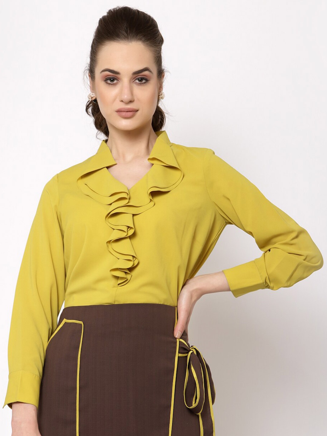 

OFFICE & YOU Women Yellow Mandarin Collar Ruffles Top