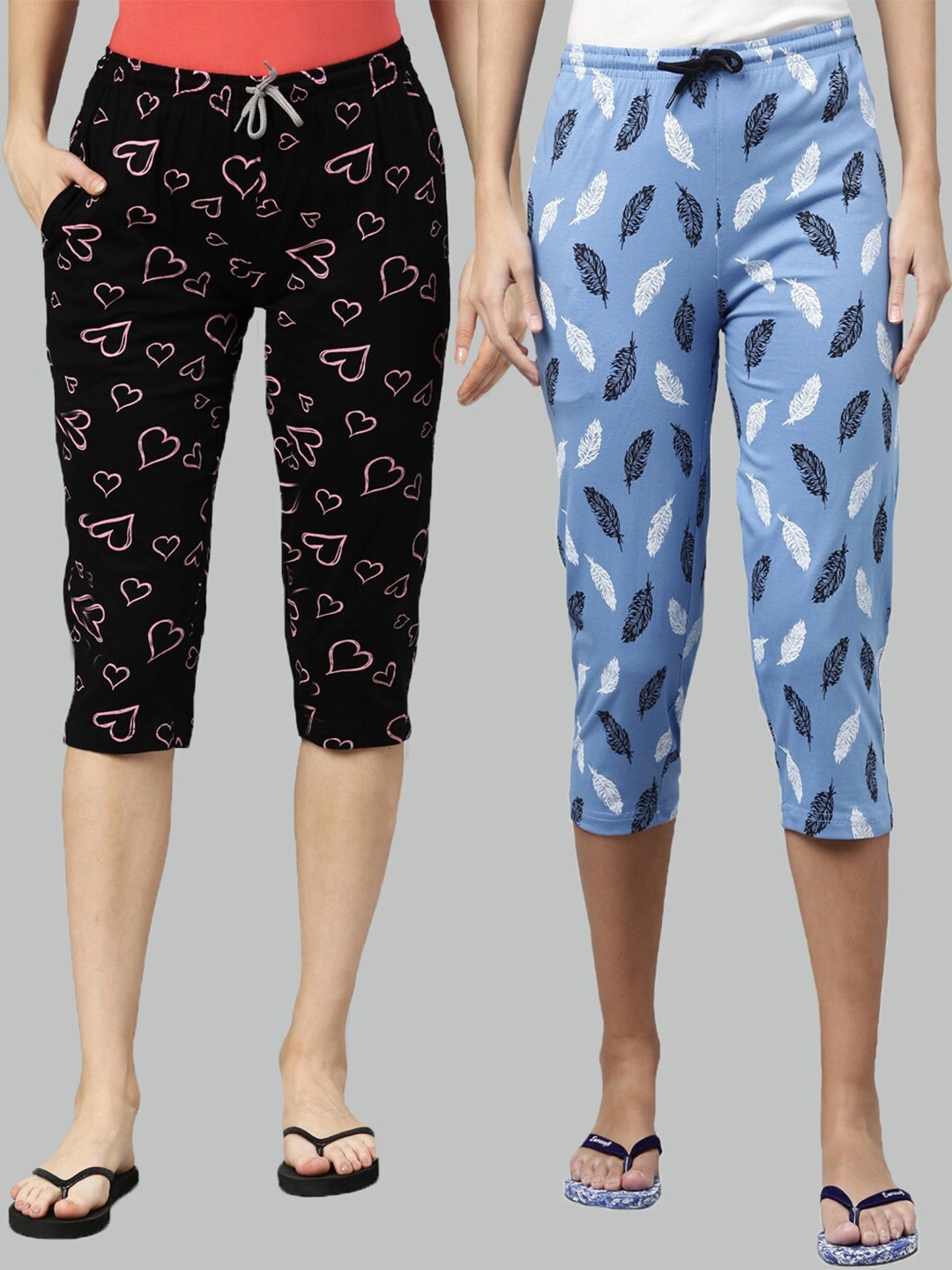 

Kryptic Women Pack of 2 Black & Blue Printed Pure Cotton Lounge Capris