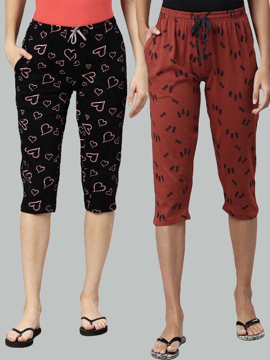 

Kryptic Women Pack Of 2 Black & Maroon Printed Pure Cotton Capris