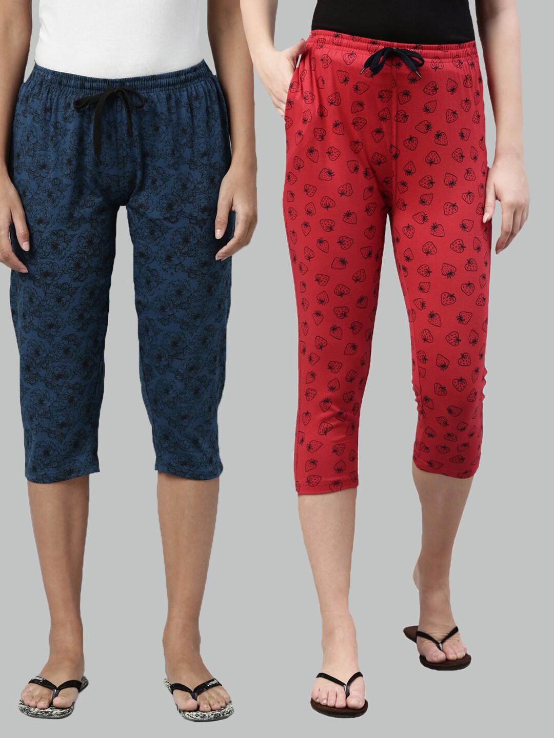 

Kryptic Women Pack of 2 Blue & Red Printed Pure Cotton Capris