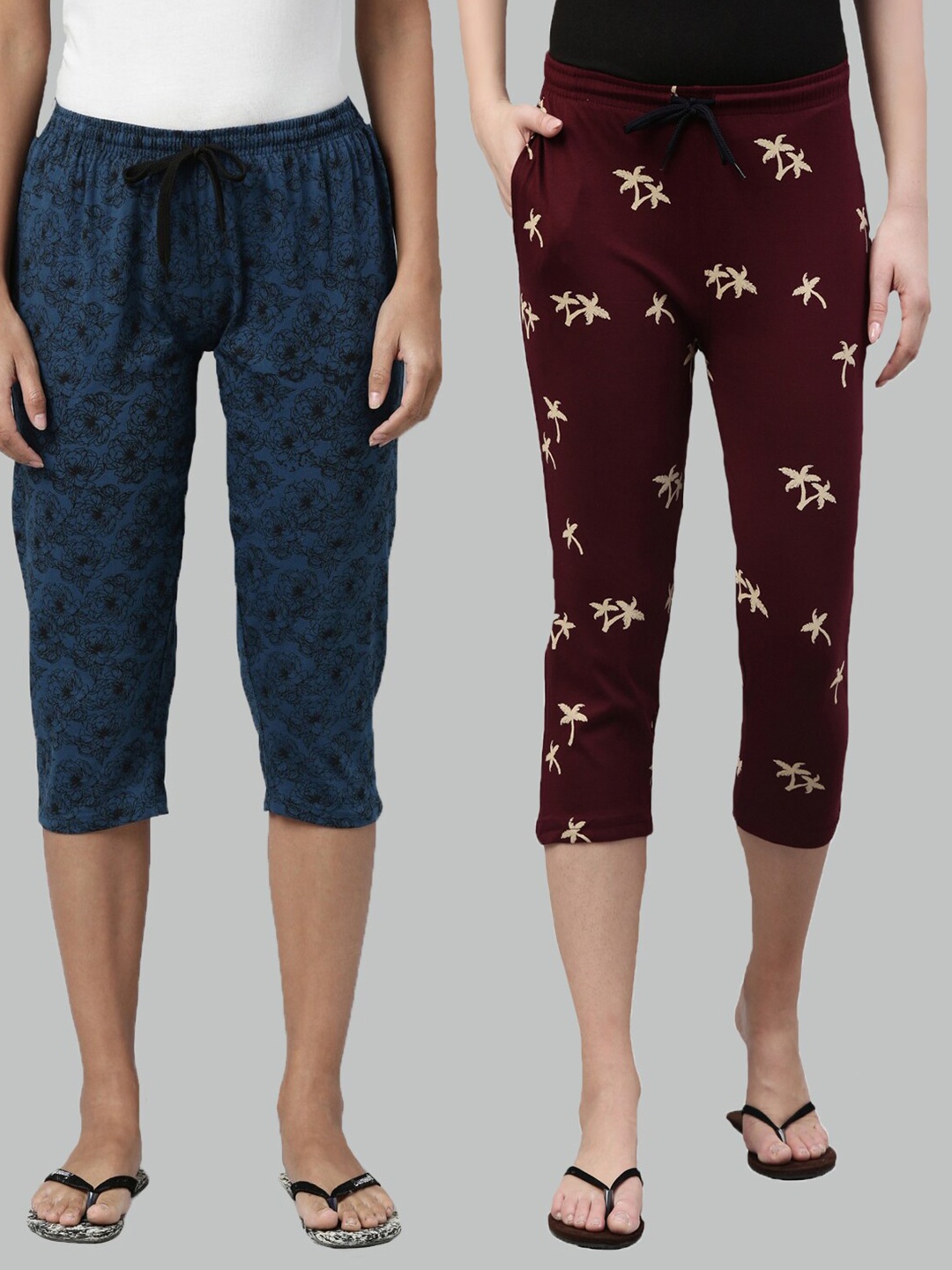 

Kryptic Pack of 2 Teal & Maroon Printed Cotton Capris