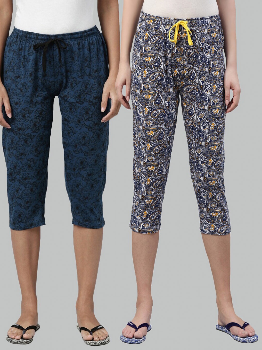 

Kryptic Women Pack of 2 Teal Printed Cotton Capris