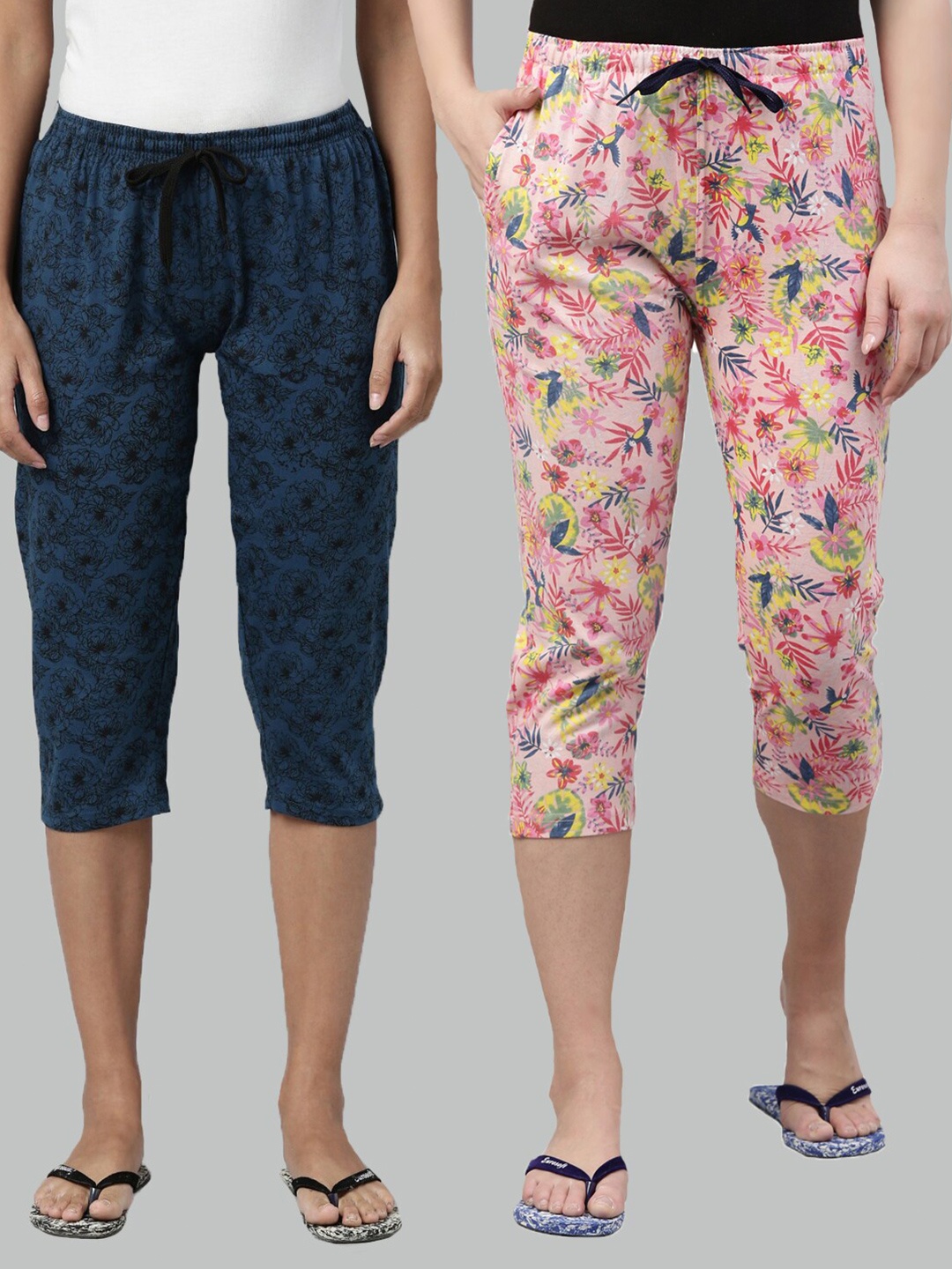 

Kryptic Women Teal & Pink Set of 2 Printed Cotton Capris