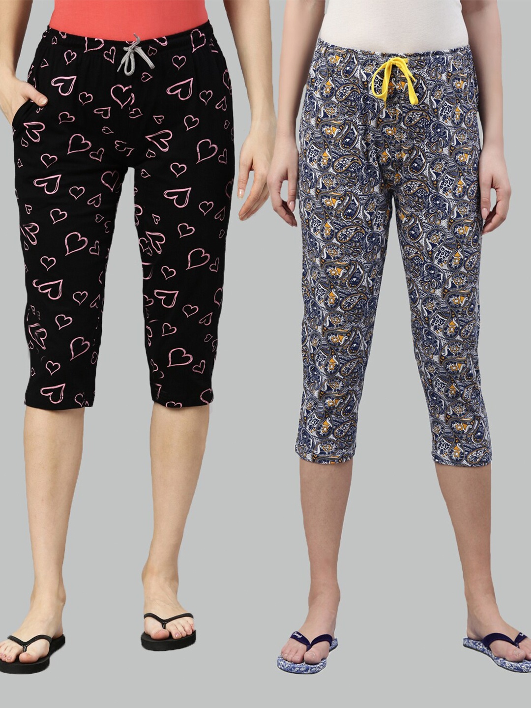 

Kryptic Women Pack of 2 Black & Blue Printed Cotton Capris