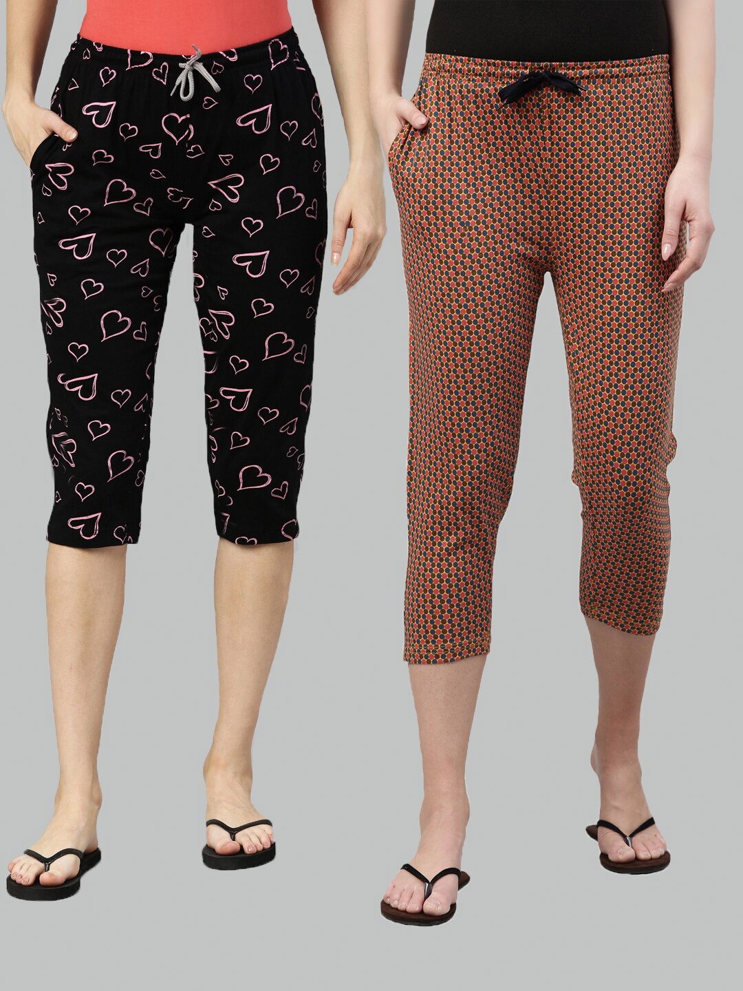 

Kryptic Women Pack of 2 Printed Cotton Capris, Black