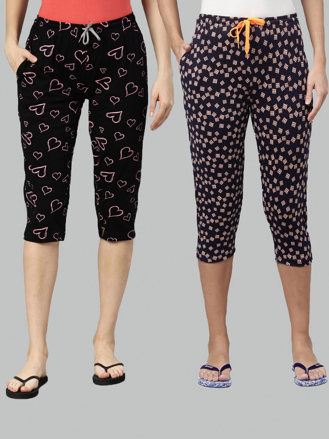 

Kryptic Women Pack Of 2 Black & Pink Printed Pure Cotton Capris