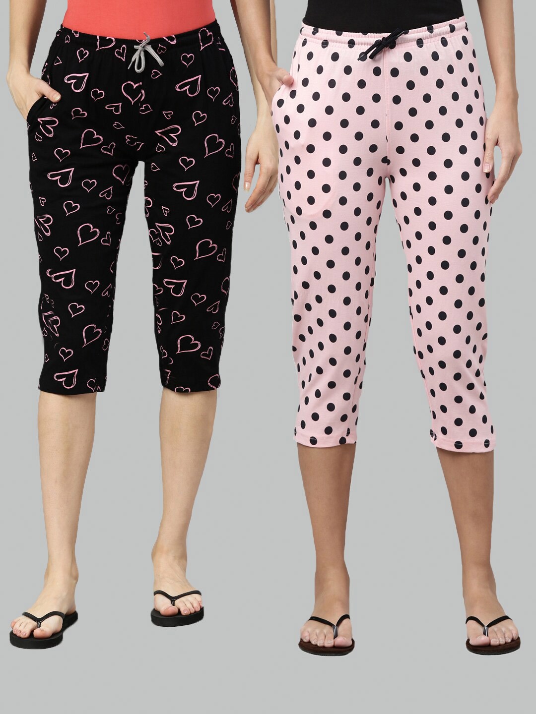 

Kryptic Women Pack Of 2 Black & Pink Pure Cotton Printed Capris