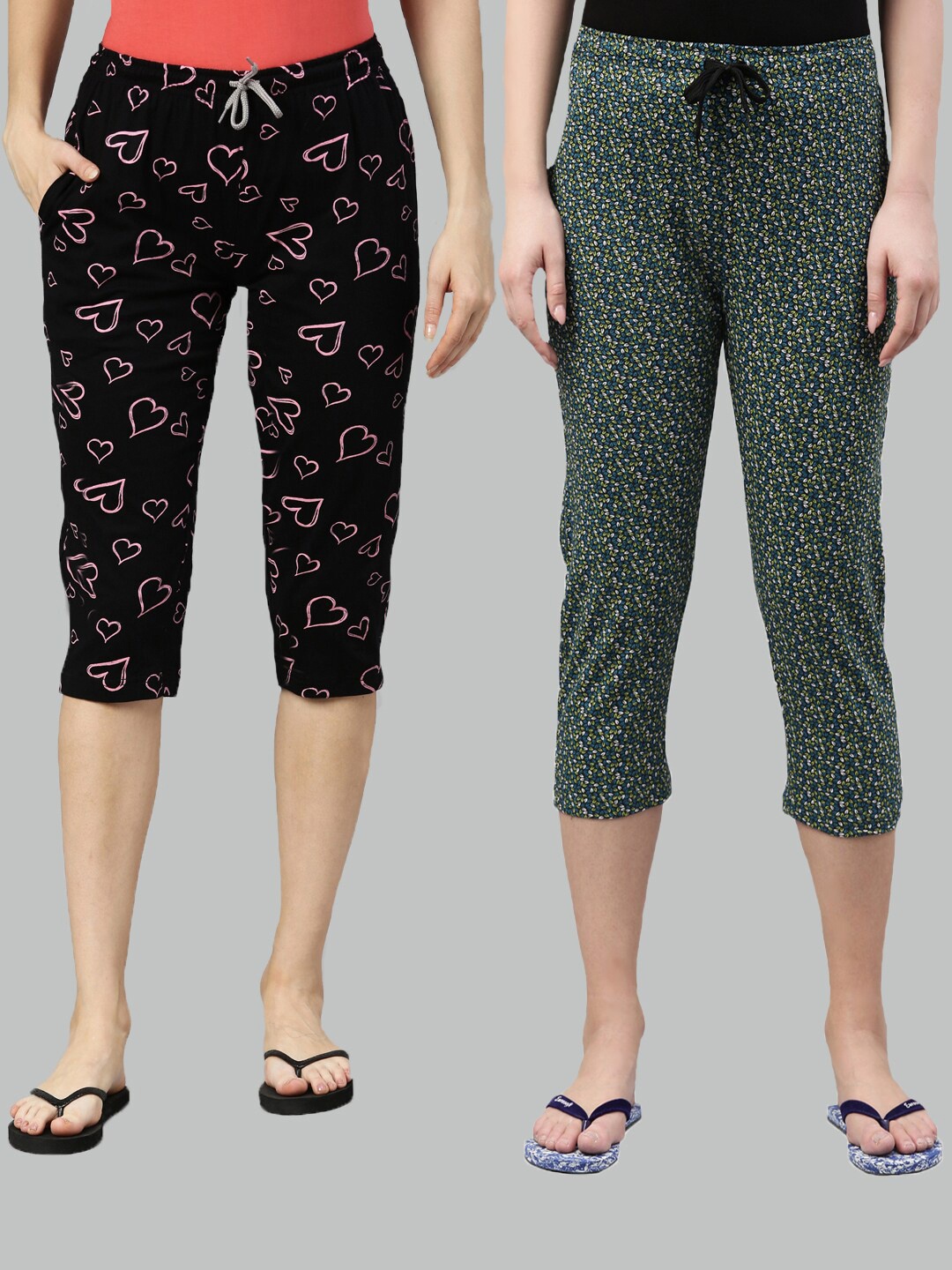 

Kryptic Women Pack of 2 Black & Green Printed Pure Cotton Lounge Capris