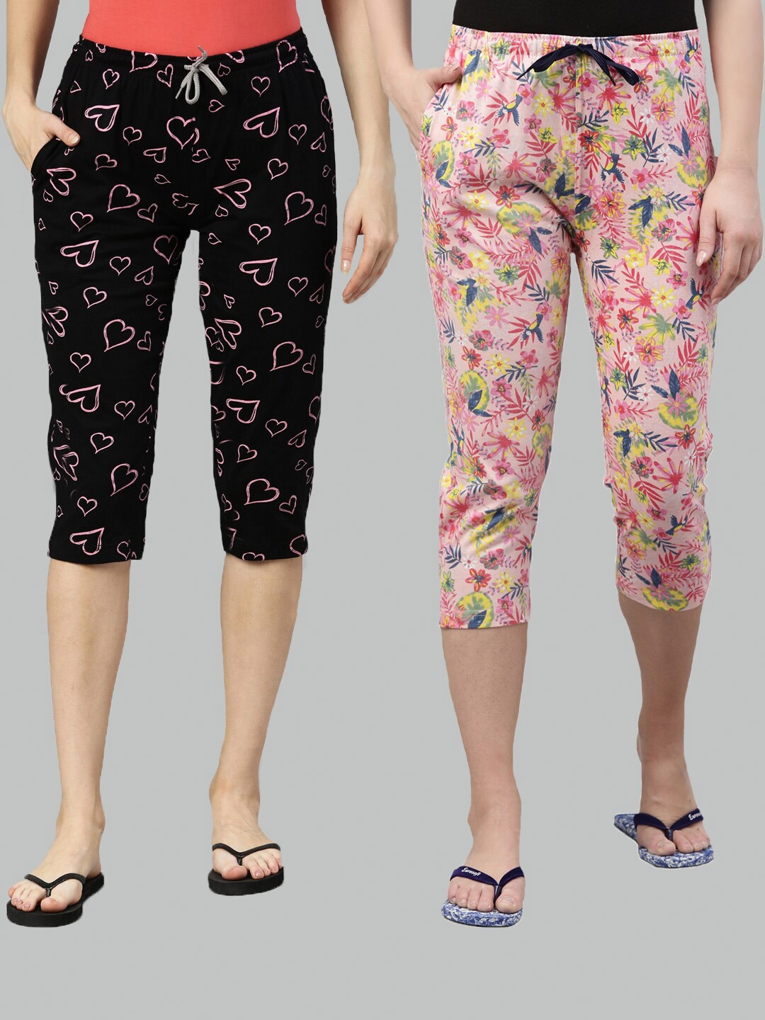 

Kryptic Women Pack Of 2 Black & Peach Printed Pure Cotton Capris