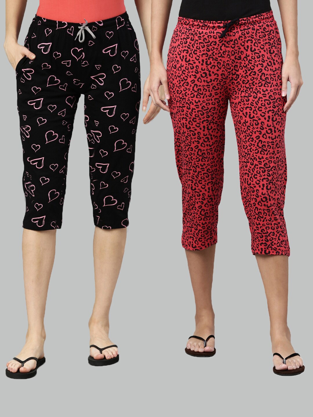 

Kryptic Women Pack Of 2 Black & Fuchsia Printed Pure Cotton Capris