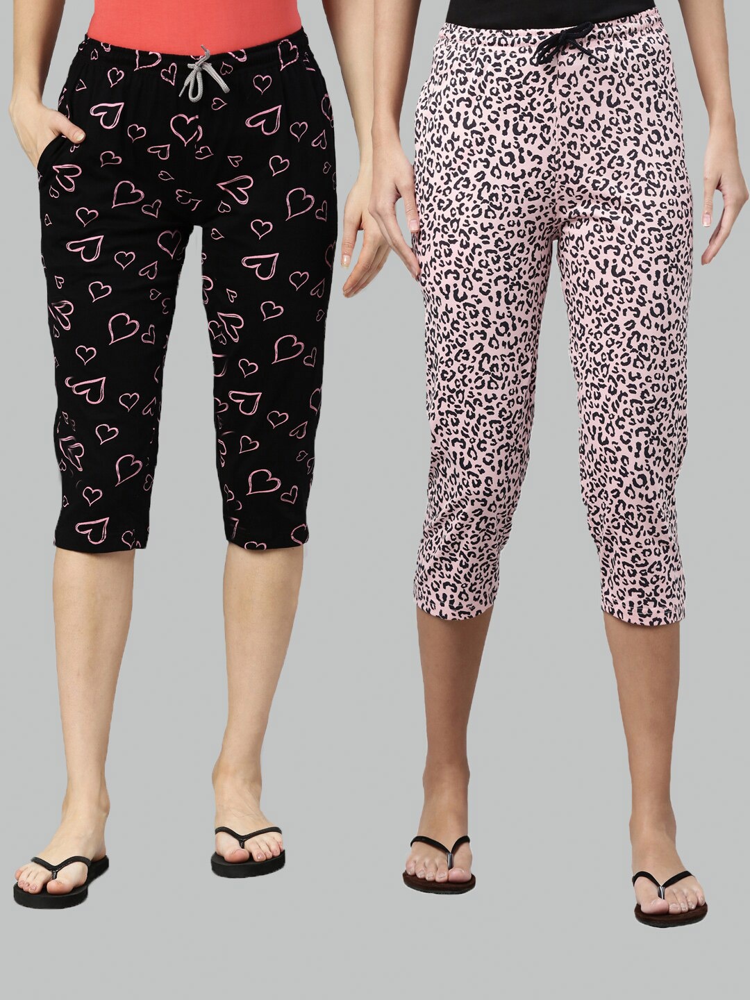 

Kryptic Women Black & Pink Set of 2 Printed Cotton Capris