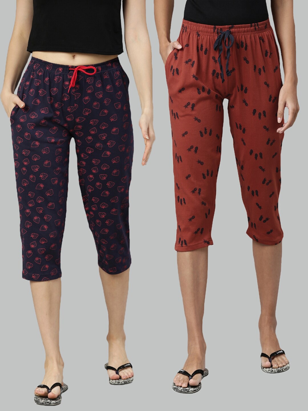 

Kryptic Women Pack of 2 Navy Blue & Brown Printed Pure Cotton Lounge Capris