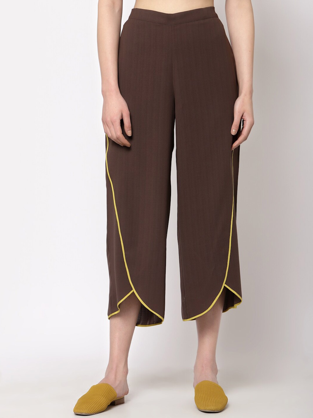 

OFFICE & YOU Women Brown Solid Cotton Palazzos With Yellow Piping