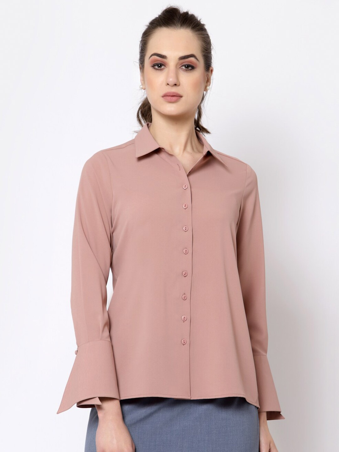 

OFFICE & YOU Women Peach-Coloured Overlap Cuff Casual Shirt