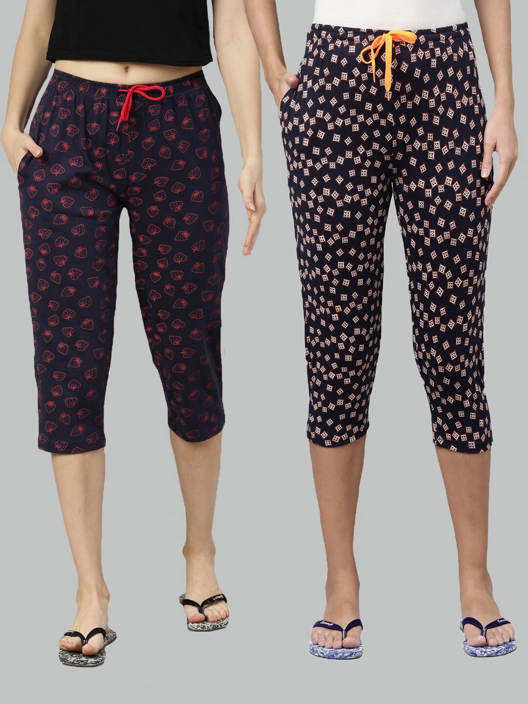 

Kryptic Women Pack of 2 Printed Cotton Capris, Navy blue