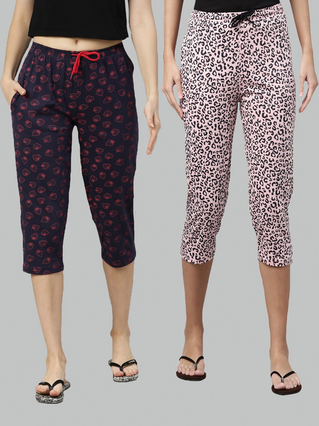 

Kryptic Women Navy Blue & Pink Set of 2 Printed Cotton Capris