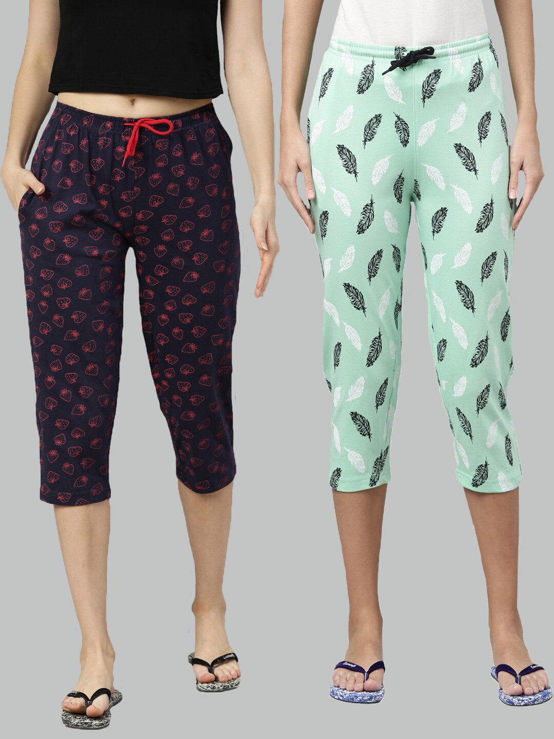 

Kryptic Women Pack of 2 Navy Blue & Sea Green Printed Pure Cotton Lounge Capris