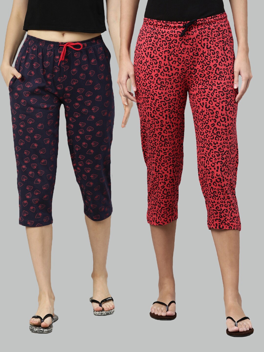 

Kryptic Women Pack Of 2 Navy Blue & Red Printed Pure Cotton Capris