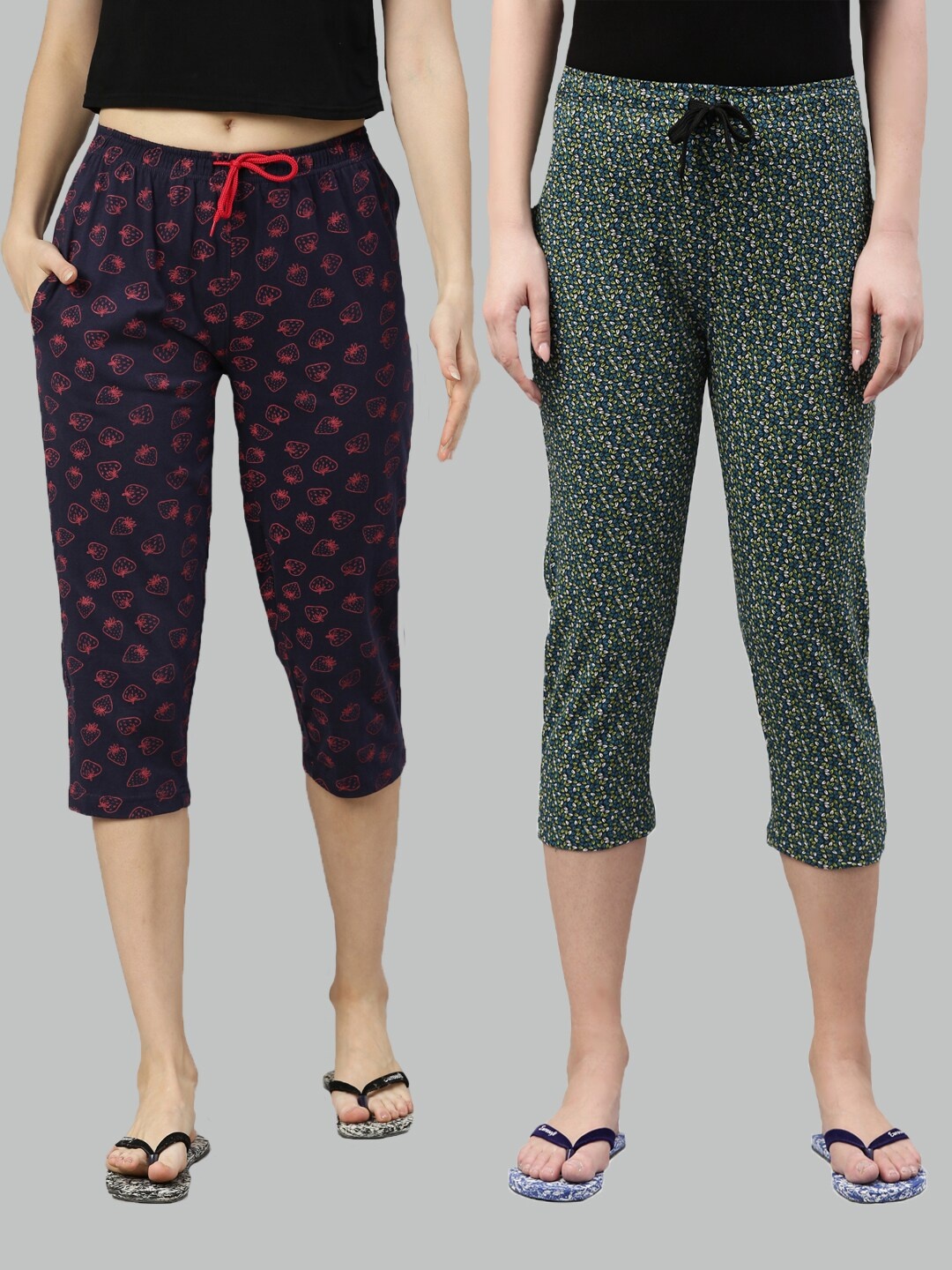 

Kryptic Women Pack Of 2 Navy Blue & Green Printed Cotton Lounge Capris