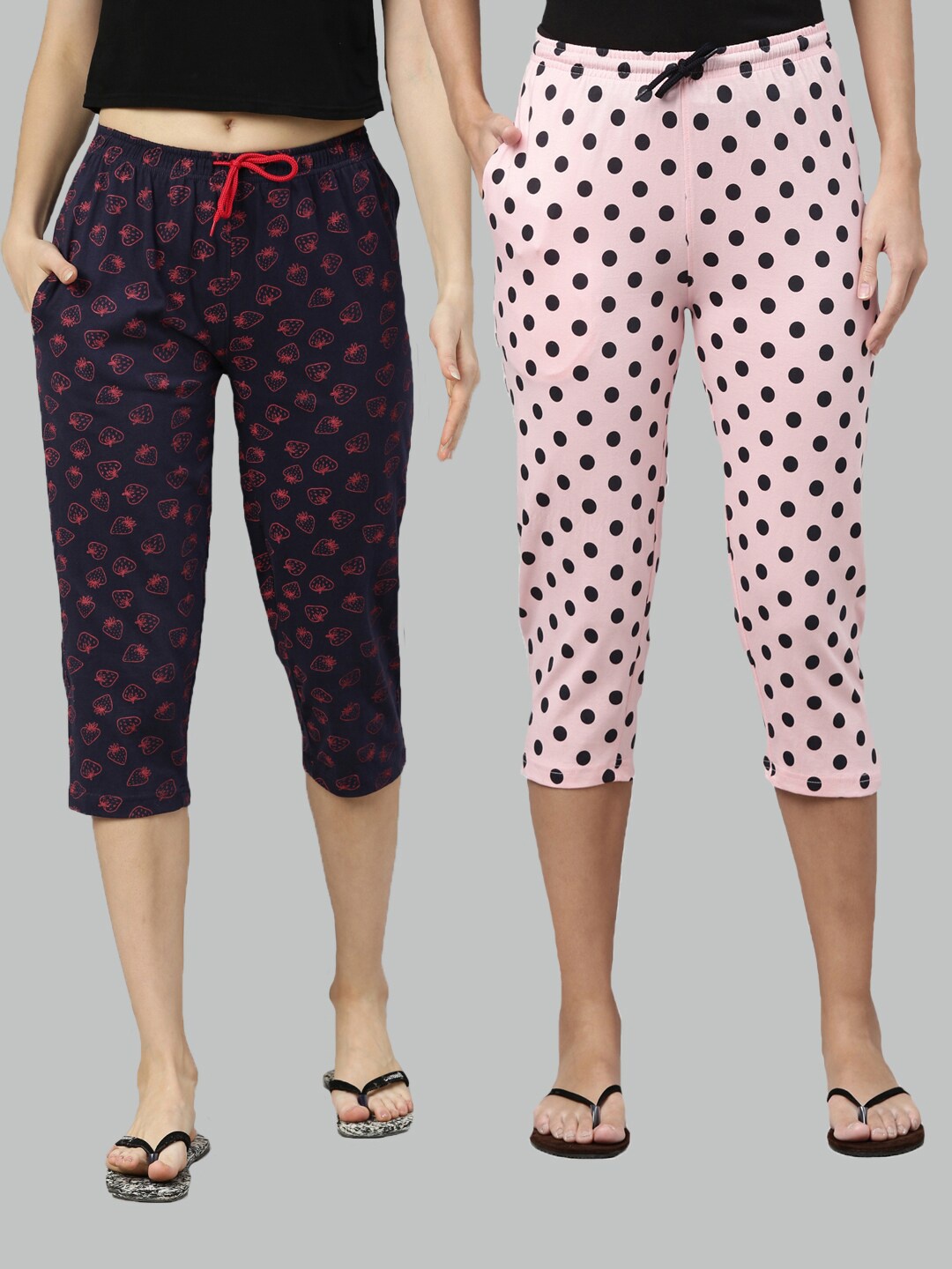 

Kryptic Women Pack of 2 Navy Blue & Pink Printed Cotton Capris