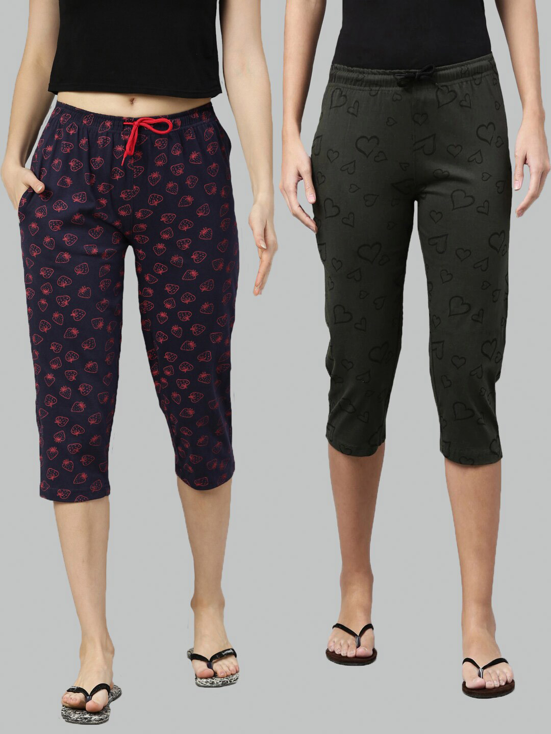 

Kryptic Pack of 2 Navy Blue & Olive Green Printed Cotton Capris
