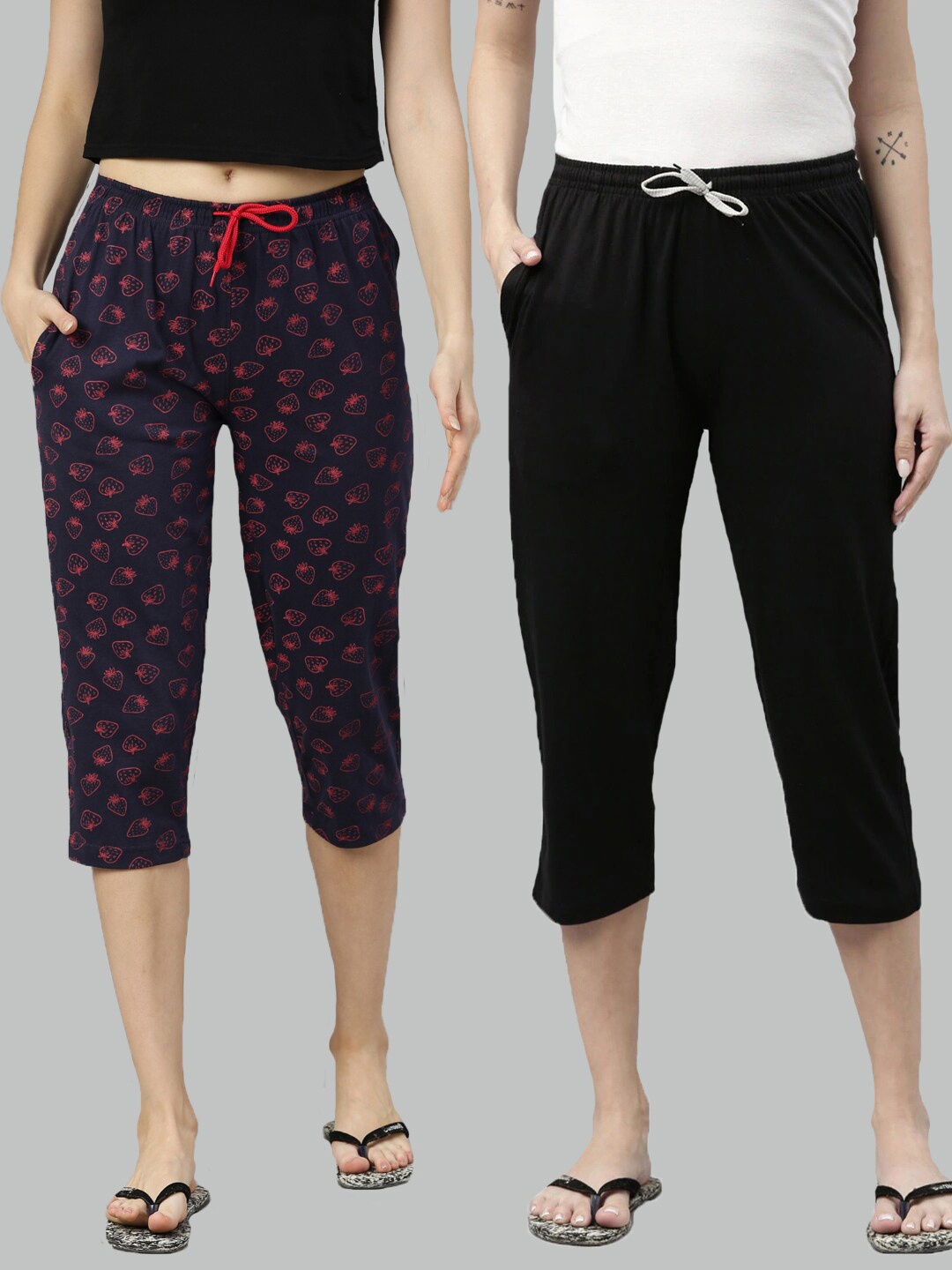 

Kryptic Women Pack Of 2 Navy Blue & Black Printed Pure Cotton Capris