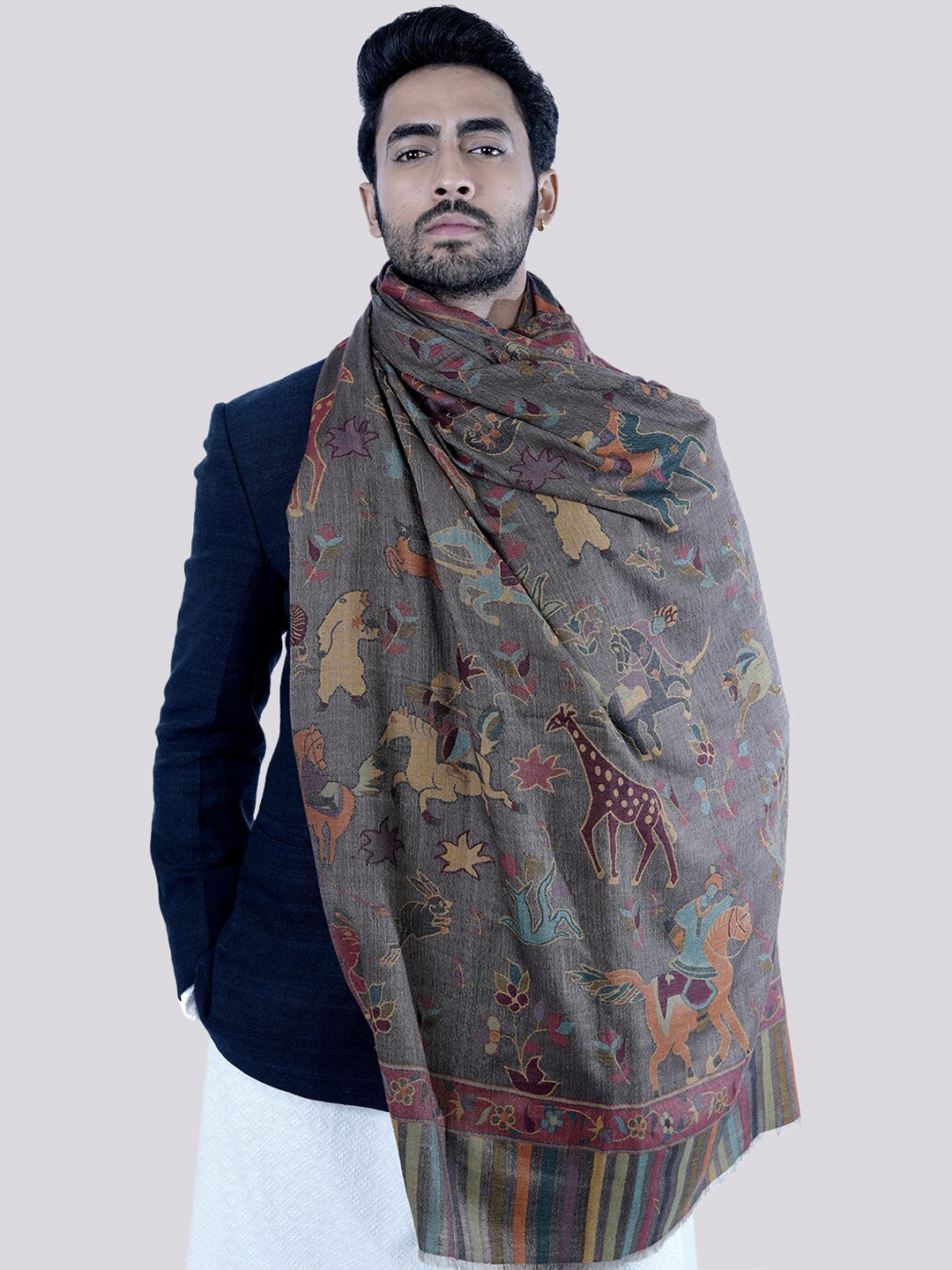 

TAROOB Men Tan Brown Woven Design Pashmina Wool Shawl