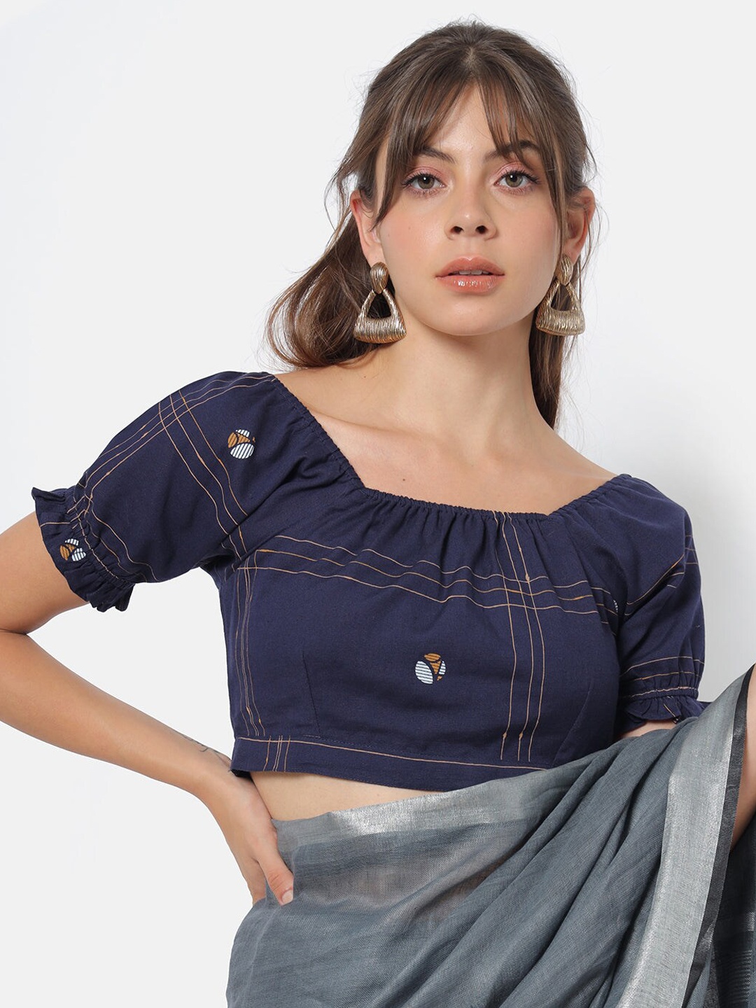 

Saaki Women Navy Blue Printed Cotton Saree Blouse