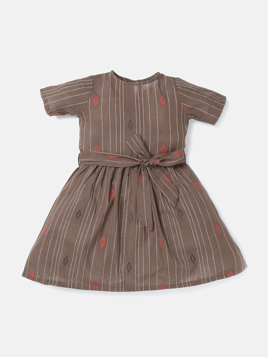 

Saaki Girls Brown Tie up Striped Dress, Na
